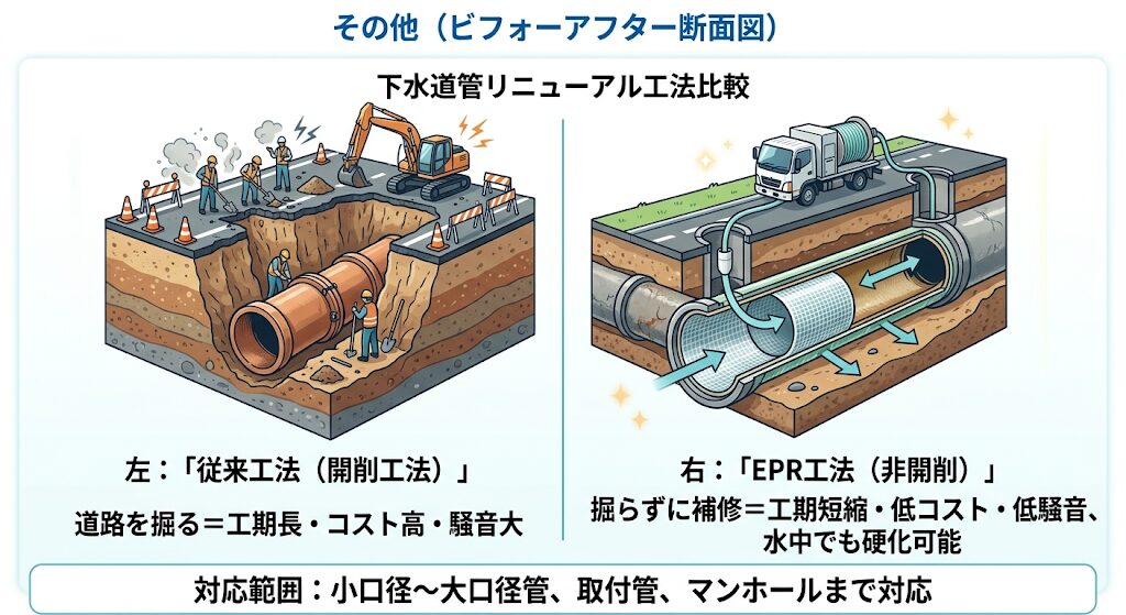 下水道管の開削工法と掘らずに補修するEPR工法を比較した断面図。対応範囲の注記付き。
