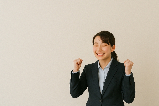 喜んでポーズをとるスーツ姿の女性