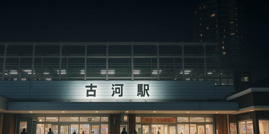 夜の古河駅の駅舎正面。ライトアップされた外観と駅利用者の様子