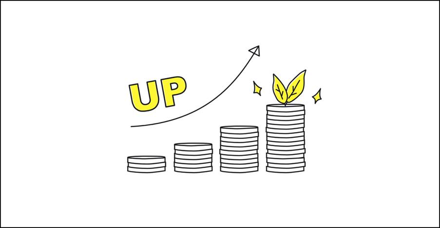 コインが積み上がっていく成長のイラスト、「UP」と上昇する矢印付き