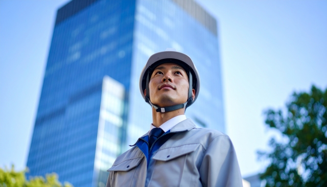 高層ビルの斜め上を見つめる若い作業服男性