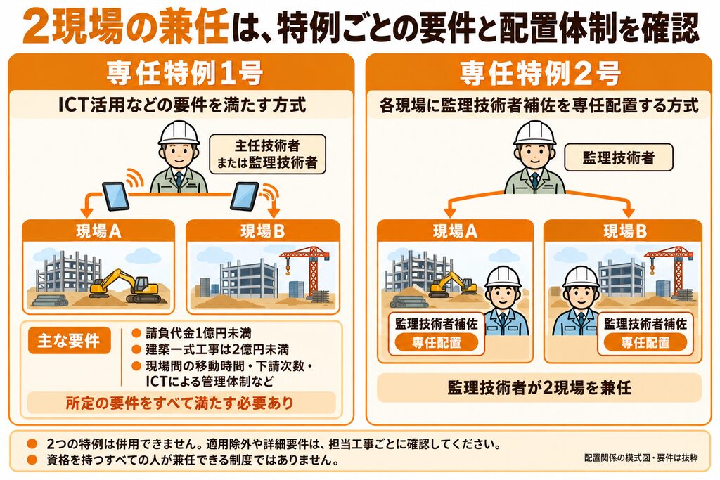 専任特例1号のICT活用などの要件と、専任特例2号の各現場への監理技術者補佐配置による兼任体制を比較する図